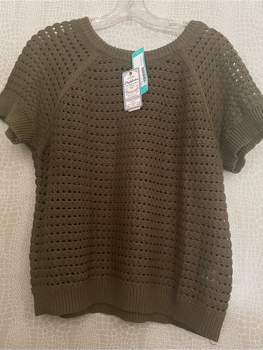 Flag & Anthem Short Sleeve Crochet Open Knit Sweater - Olive Green